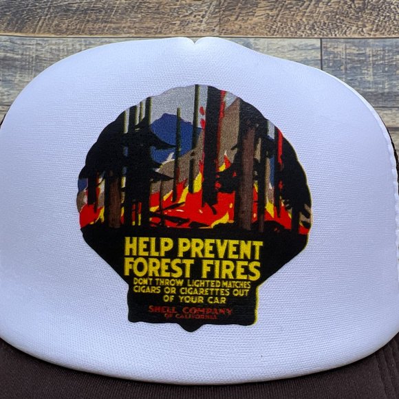 Shell Gas & Oil Mens Trucker Hat Brown Prevent Forest Fires Vintage Ads Ball Cap - Picture 3 of 8